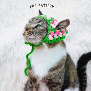 May include: A cat wearing a colourful crochet hat. The hat is made with green, pink, and white yarn in a Granny Square pattern. The hat is secured with a green tie. The image includes the text "PDF PATTERN" at the top.