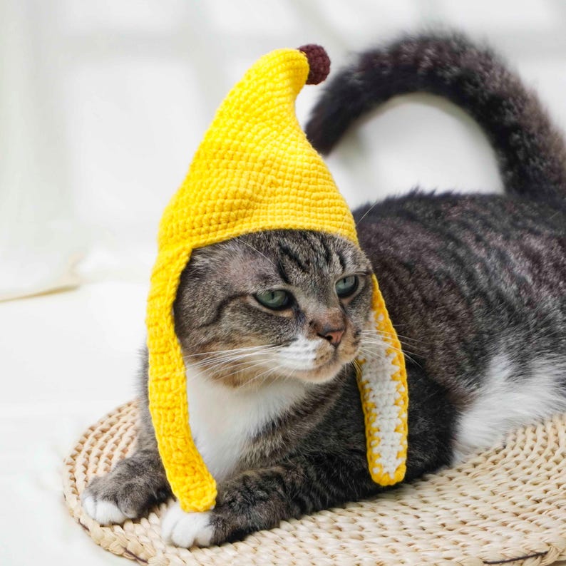 May include: A gray tabby cat wearing a handmade yellow crochet banana hat with a brown tip. The cat is lying on a woven mat, with its tail curled up. The hat has long sides that hang down.