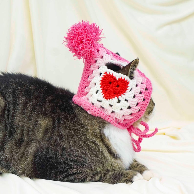 K&ouml;nnte beinhalten: Ein rosa-wei&szlig;er geh&auml;kelter Hut mit einem roten Herzmuster und einem gro&szlig;en rosa Pompon. Der Hut wird von einer getigerten Katze getragen, wobei das Ohr der Katze sichtbar ist. Der Hut hat rosa B&auml;nder. Die Katze liegt auf einer wei&szlig;en Oberfl&auml;che.