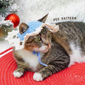 Könnte beinhalten: Eine getigerte Katze trägt eine blau-weiß gehäkelte Haube mit passendem blauem Band. Die Katze liegt auf einer roten Matte mit weißem Rand. Der Text "PDF PATTERN" ist sichtbar. Ein Weihnachtsbaum und eine Dekoration sind im Hintergrund.