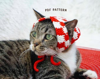 Virkmönster för rutig bandana, virkmönster för kattmössa, virkad husdjurskostym, handgjord kattaccessoar, gör-det-själv-virkningshandledning, PDF-mönster