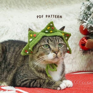 Könnte beinhalten: Eine getigerte Katze trägt einen grünen, gehäkelten Weihnachtsbaumhut mit roten, gelben und weißen Akzenten. Die Katze liegt auf einer roten Oberfläche, im Hintergrund ein Weihnachtsbaum und Ornamente. Der Text auf dem Bild lautet "PDF PATTERN".
