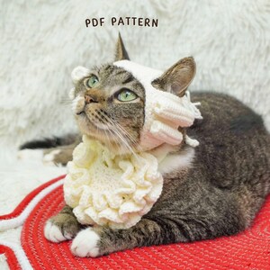 Op de afbeelding: Een tabby kat met een crèmekleurige gehaakte hoed en gekruld kraagje, liggend op een rood-witte mat. De tekst "PDF PATTERN" is zichtbaar in de linkerbovenhoek. De kat kijkt omhoog.