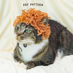 May include: A tabby cat wearing an orange yarn lion's mane. The cat has green eyes and a white chest. The words "PDF PATTERN" are in the top center of the image. The cat is lying on a white surface.
