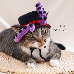 May include: A tabby cat wearing a black crocheted top hat with a red band and purple octopus tentacles featuring black suction cups. The hat has black chin ties. The text PDF PATTERN is visible on the right side of the image.