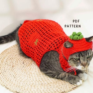 May include: A tabby cat wearing a handmade red crochet strawberry costume, including a hat with a green top. The costume has a loose weave and is adorned with small yellow accents. The text "PDF PATTERN" is visible.