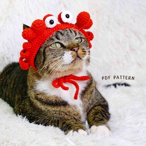 May include: A tabby cat wearing a bright red crocheted crab hat with large googly eyes and a matching red neck tie. The cat is lying on a fluffy white surface. Text on the right says "PDF PATTERN".