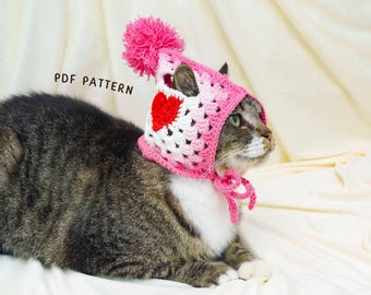 Granny Square Hat Cat Crochet Pattern, Valentine Pet Hat Design, Holiday Cat Outfit, Love Theme Pet Costume, Digital PDF Pattern