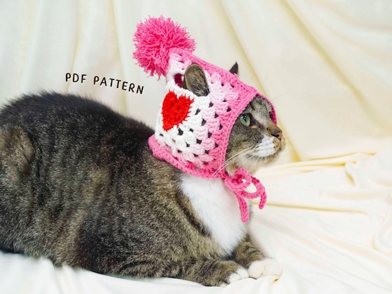 Granny Square Hat Cat Crochet Pattern, Valentine Pet Hat Design, Holiday Cat Outfit, Love Theme Pet Costume, Digital PDF Pattern
