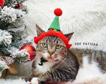Weihnachtshelfermütze Häkelanleitung, Weihnachtskatzenmütze, Urlaub Haustier Kostüm PDF, Winter Häkelanleitung, Süßes Katzen Outfit, DIY Häkelanleitung
