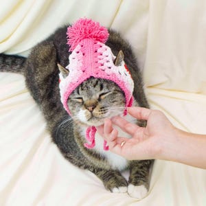 K&ouml;nnte beinhalten: Eine getigerte Katze tr&auml;gt eine geh&auml;kelte rosa-wei&szlig;e M&uuml;tze mit passendem Bommel. Die Katze wird am Kinn gestreichelt. Die M&uuml;tze hat eine Bindung unter dem Kinn.