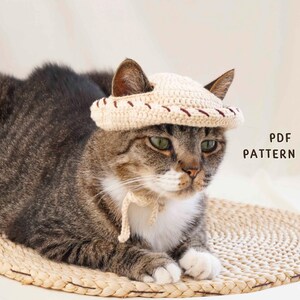 May include: A brown tabby cat wearing a beige crocheted cowboy hat with a brown stitched brim and chin ties. The hat features a rounded crown and a wide brim. The text PDF PATTERN is visible on the right side of the image.