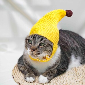 May include: A tabby cat wearing a bright yellow crocheted banana hat with a brown pom-pom at the tip. The cat is lying on a woven mat, with its green eyes gazing off to the side. The hat has a yellow band around the cat's neck.
