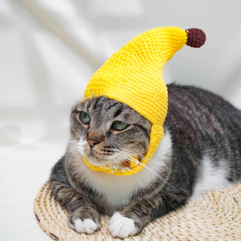 May include: A tabby cat wearing a bright yellow crocheted banana hat with a brown pom-pom at the tip. The cat is lying on a woven mat, with its green eyes gazing off to the side. The hat has a yellow band around the cat's neck.