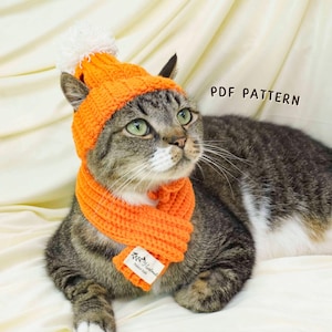 May include: A tabby cat wearing an orange knitted hat with a white pom-pom and matching scarf. The scarf has a small tag attached. The words "PDF PATTERN" are visible in the background. The cat has green eyes.