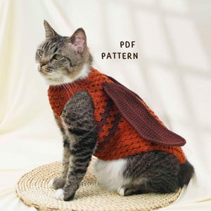 May include: A tabby cat wearing a handmade orange and brown crochet sweater with large, dark red bunny ears. The cat is sitting on a woven mat. The text "PDF PATTERN" is visible.