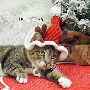 Könnte beinhalten: Eine getigerte Katze mit einem rot-weißen gehäkelten Weihnachtsmannhut mit braunen Geweihen. Die Katze liegt auf einer roten Matte mit weißem und rotem Rand. Der Text "PDF PATTERN" befindet sich im Bild.