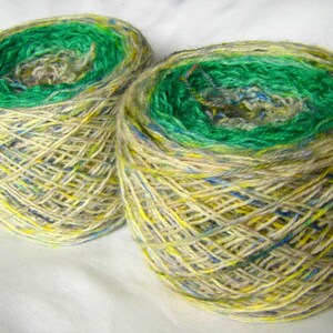May include: Two skeins of yarn, one green and yellow, the other blue and yellow.