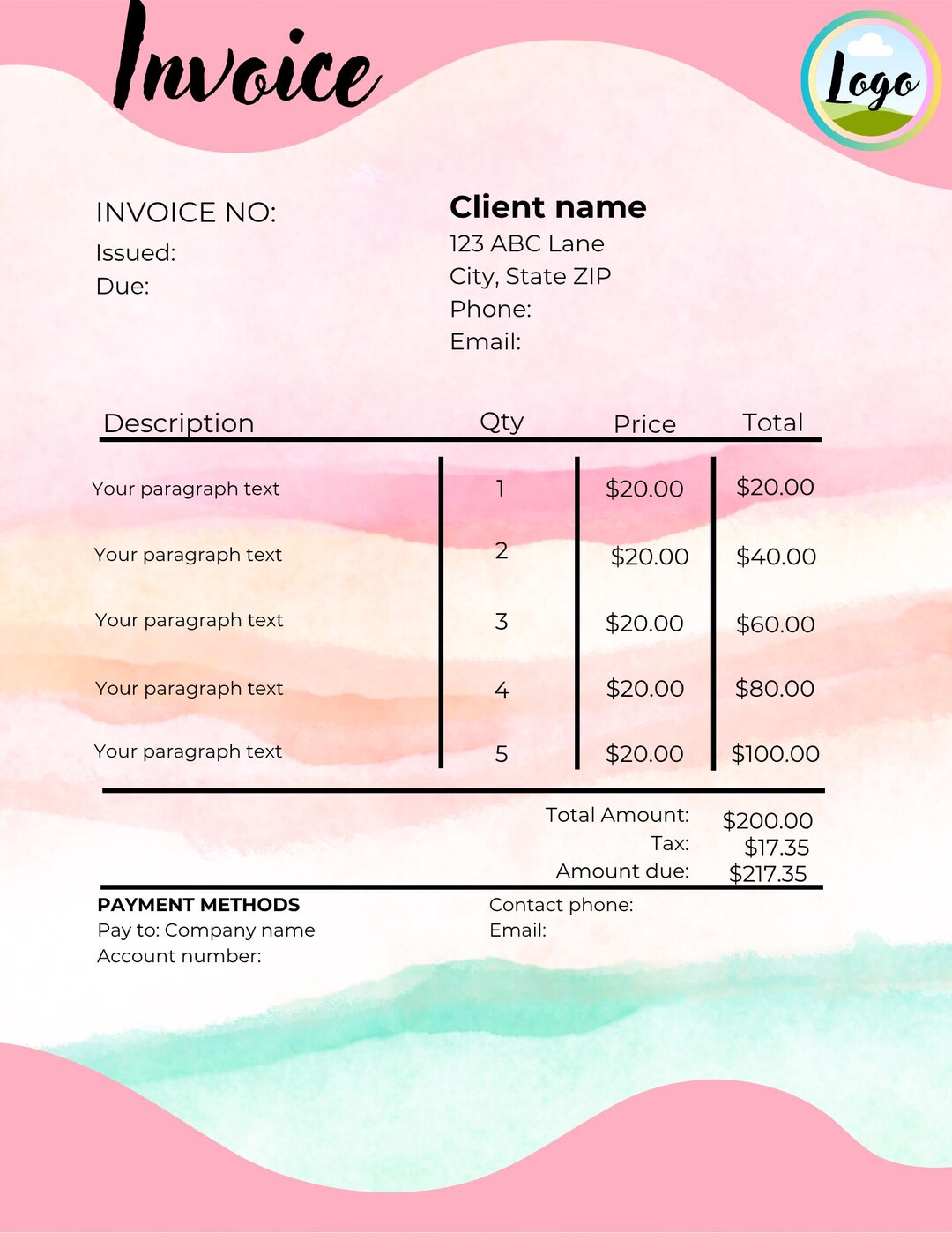 Invoice Template for Business | Instant Access Printable Digital ...