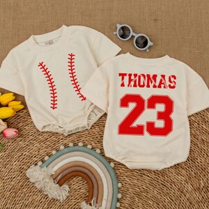 Personalized Baseball Baby Romper Short Sleeves, , Baseball Baby Shower Gift, Custom Name and Number Game Day Baby Bodysuit