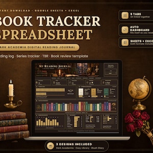 May include: A digital book tracker spreadsheet for Google Sheets and Excel featuring a dark academia theme. The interface displays a reading log, series tracker, TBR list, and book review template. Includes 9 linked tabs, an auto-filling dashboard, and 3 design variations. The screen shows a library-themed dashboard with book statistics, a virtual bookshelf, and reading progress charts.