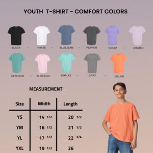 May include: A youth t-shirt in melon color is shown, with a chart detailing measurements and a variety of other colors: black, white, bluejean, pepper, violet, orchid, seafoam, blossom, chalky, and gray. The shirt sizes range from YS to YXL.