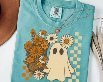 Comfort Colors Checkered Ghost Shirt: Halloween Floral Tee