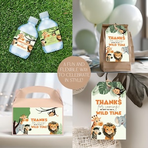 Matching editable Birthday Decor Bundle, Baby Shower, Safari, A Little Wild One, Thank you tags, Bottle labels, Party Decor, Zoo Animals