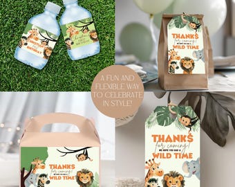 Editable Safari Party Decor Bundle: Bottle Labels, Thank You Tags (Digital Download)