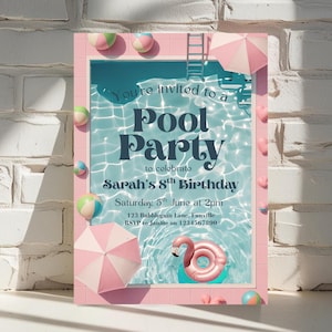 Inbjudan till poolparty, födelsedagsinbjudan för badparty, barns simfest, redigerbar Canva-mall, direktnedladdning, barns poolfödelsedagsfirande