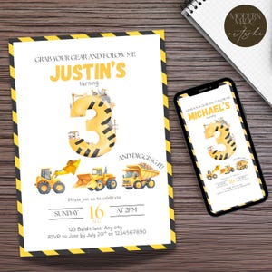 May include: A birthday invitation with a construction theme. The invitation features the text "Grab your gear and follow me" and "Justin's turning 3". The invitation includes illustrations of construction vehicles and the date of the party.