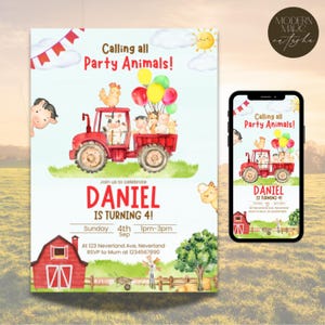 Editable Farm Birthday Invitation Template, Farm Animals Birthday Invitation, Farm Party, Barnyard Invitation, Farm Invitation, Baby Boy Red