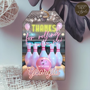 Modelo de etiqueta de agradecimento editável para aniversário de boliche, Vamos nos divertir, Convite para festa de boliche, Festa neon brilhante Evite Girls Party
