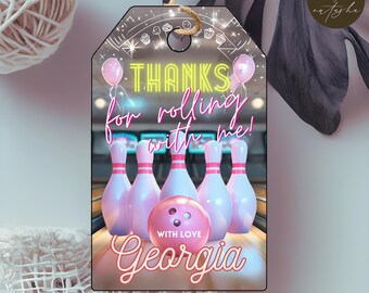 Bowling Birthday Thank You Tags: Editable Neon Glow Party Favors (Digital Download)