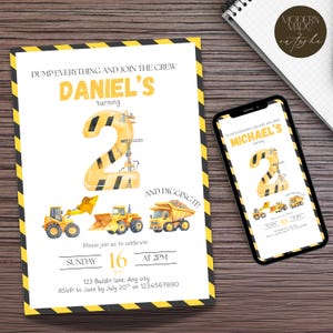 May include: A birthday invitation with a construction theme. The invitation features a large number "2" in yellow and black stripes, construction vehicles, and the text "DANIEL'S turning". A smartphone displays a similar invitation.
