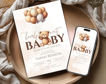 Baby Shower Invitation Template, We Can Bearly Wait Baby Shower Invitation, Editable Template, Digital Invite Teddy Bear, Boy or Girl
