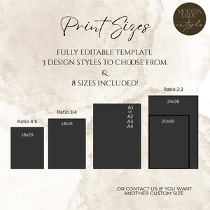 May include: A graphic showing print sizes with dimensions in inches, including 16x20, 18x24, 24x36, and 20x30. The text includes "Print Sizes," "Fully Editable Template," and "8 Sizes Included!" A logo is in the upper right corner.