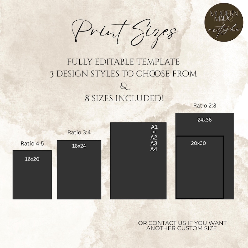 May include: A graphic showing print sizes with dimensions in inches, including 16x20, 18x24, 24x36, and 20x30. The text includes "Print Sizes," "Fully Editable Template," and "8 Sizes Included!" A logo is in the upper right corner.