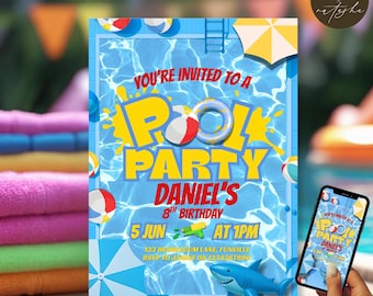 Invitación editable para fiesta de cumpleaños en la piscina, fiesta infantil (descarga digital)