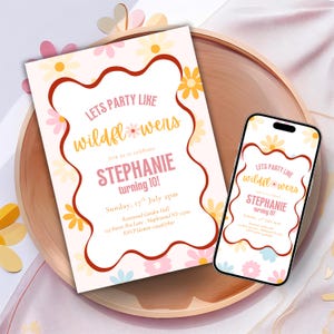 Editable ANY AGE Groovy Girls Birthday Invitation, Let’s Party Like Wildflowers, Retro Flower Party Invite, Editable Template, 70s Theme