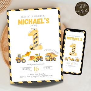 Peut inclure: Une invitation d'anniversaire sur le thème de la construction. L'invitation présente le texte "MICHAEL'S turning 1" et des illustrations de véhicules de chantier. Le design comprend une bordure rayée jaune et noire et une version numérique correspondante sur un smartphone.