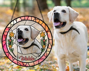 Custom Stained Glass Dog Portrait Suncatcher, Pet Memorial Gift