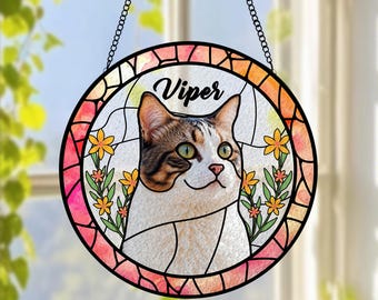 Attrape-soleil commémoratif de chat personnalisé, portrait de chat personnalisé à partir d'une photo, attrape-soleil en vitrail pour portrait d'animal de compagnie, cadeau commémoratif, cadeau de perte d'animal de compagnie