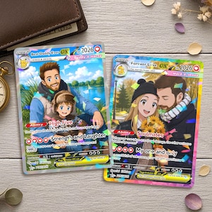 May include: Two custom trading cards featuring anime-style illustrations of couples. The left card shows a man and child with text Best Daddy Ever, while the right card depicts a couple holding sunflowers with text Forever Love. Both cards have 2026 HP.