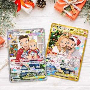 May include: Two custom trading cards featuring anime-style illustrations of families. The left card shows a parent and child with the text Best Daddy Christmas and Lovebound Family Bond. The right card shows a couple with Merry Christmas and Lovebound Duo Bond.