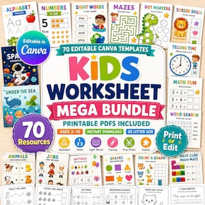 Op de afbeelding: Een verzameling van 70 bewerkbare werkblad-sjablonen voor kinderen met kleurrijke afbeeldingen, alfabet-oefeningen, sommen, doolhoven en woordzoekers. De centrale tekst luidt Kids Worksheet Mega Bundle voor kinderen van 2-10 jaar oud.