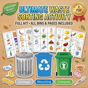 May include: An educational waste sorting activity kit with the text "ULTIMATE WASTE SORTING ACTIVITY" and "FULL KIT • ALL BINS & PAGES INCLUDED." The image includes illustrations of garbage, recycling, and compost bins, along with sorting cards.