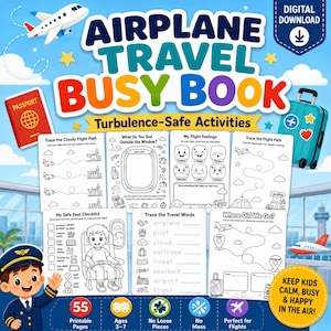 Pode incluir: Um livro de atividades de viagem de avião colorido para crianças de 3 a 7 anos. Inclui páginas para colorir, exercícios de traçado e jogos de palavras com tema de viagem. Download digital.