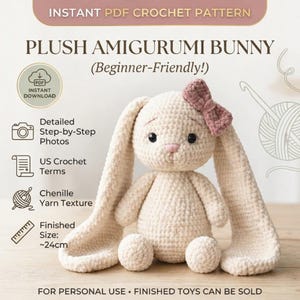 Padrão de crochê para coelho amigurumi para iniciantes, brinquedo de fio chenille grosso (download em PDF)