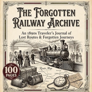 May include: A book cover titled The Forgotten Railway Archive: An 1890s Traveler's Journal of Lost Routes & Forgotten Journeys. The illustration features a steam locomotive at a station, vintage luggage, a pocket watch, and tickets. It has 100 pages.